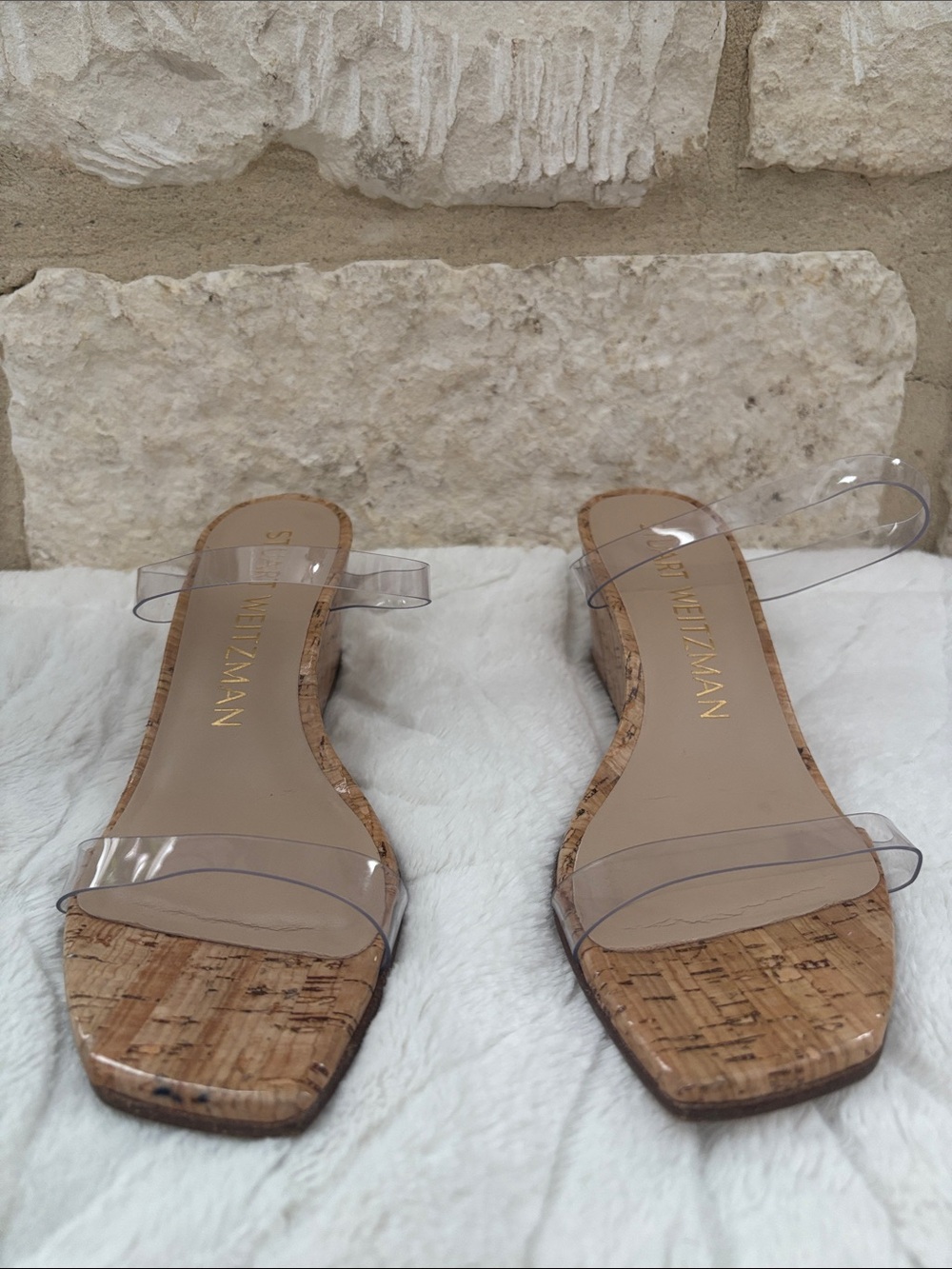 Stuart Weitzman Clear PVC Cork Slide Sandals